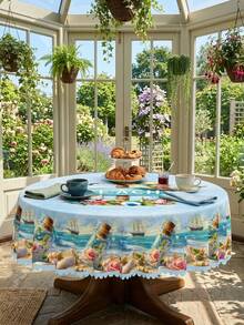 1pc-Summer Beach Nautical Tablecloth, Ocean Wave Message Bottle Print Table Cover, Polyester Coastal Table Cloth For 4th Of July, BBQ, Picnic, Pool Party, Labor Day, Indoor Outdoor Kitchen Dining Patio Home Holiday Decoration - Multicolor - View 11