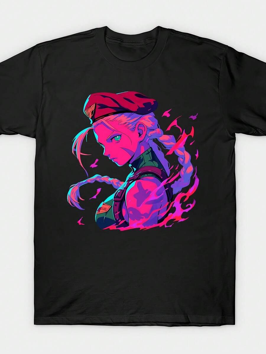 Diseño de cuello casual con estampado de anime, camiseta unisex negra básica de cuello redondo, estilo deportivo, moderno y de gran tamaño para Pascua, todas las tallas disponibles, regalo de verano perfecto con un diseño único, unisex, clásica, divertida, de estilo retro, adecuada para todas las estaciones.norpojin ropa de calor mujer maija maija mujer luargla deeka ontre mujer premium ontre  mujer blusa casual mujer blusas casuales para dama - Negro - Ver 1