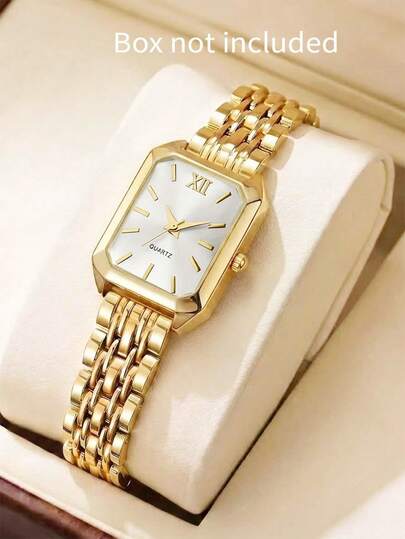 New Luxury Gold Square Watch For Girl, Elegant Roman Numeral Dial Quartz Wristwatch With Metal Bracelet Band, Perfect For Office & Daily Wear