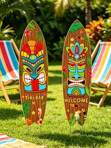 2pcs - Caveman Floor Decals, Hawaiian Totem Pole, Hawaiian Totem Statue Welcome Sign With Stand, Skateboard-Shaped Floor Plug-In Polynesian Surfboard Style - Upright Welcome Sign With Hawaiian Dancer And Palm Tree Pattern, Suitable For Beach Party Decor, Hawaiian Decor, Theme Party, Party Decoration, Home Decor, Photo Props - B - View 8
