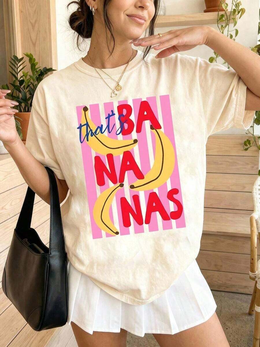 NewSummerCasualDrmWander Camiseta Casual Estampada con Rayas "That's Bananas" Estilo Fresco y Dulce, Ropa de Verano para Mujer, Conjuntos de Vacaciones para Mujer, Conjuntos de Playa para Mujer - Estilo Urbano Vintage, Unisex, Camiseta de Algodón Holgada de Manga Corta con Cuello Redondo - Albaricoque - Ver 1
