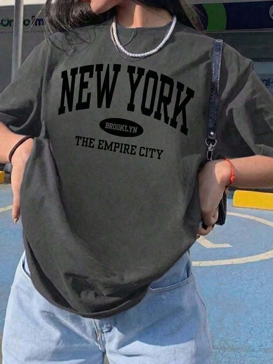 Camiseta de manga corta con cuello redondo y estampado gráfico de Nueva York para mujer, de corte regular, de poliéster con ligera elasticidad para un estilo urbano -- Camiseta casual de algodón puro de corte holgado.