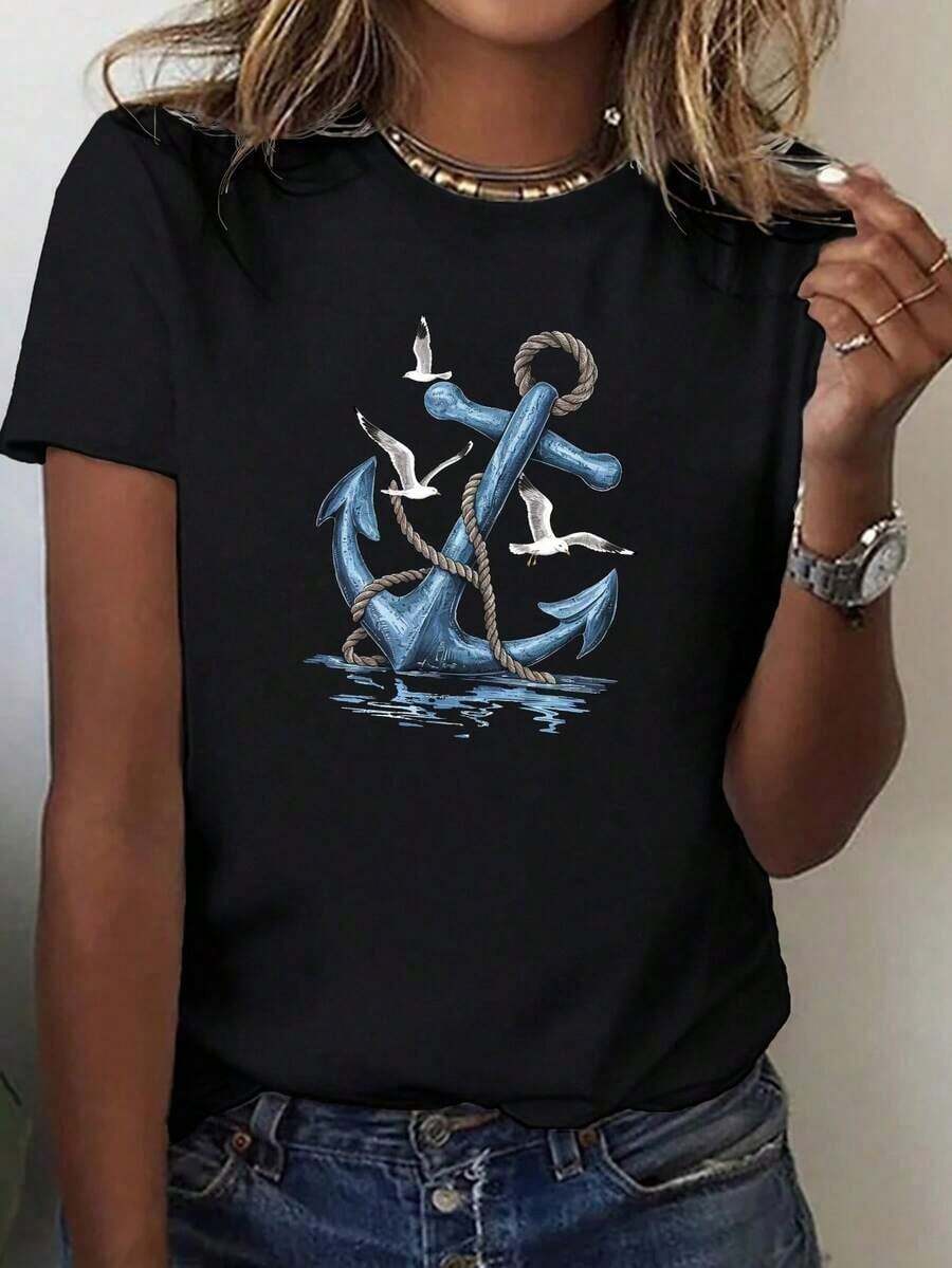 Soft And Comfortable Korean Style T-Shirt, Casual Wear, 1 Piece, Crew Neck T-Shirt With Anchor Print, Short Sleeve Casual Top, Suitable For Spring And Summer, New Fashionable Summer Product For Women, Mother's Day Gift, 100% Breathable Cotton - 黑色 - 查看 1