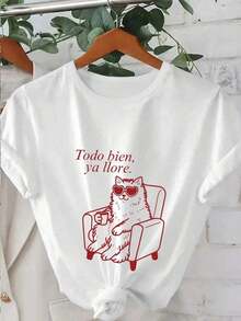 Camiseta casual de manga corta para mujer, ideal para vacaciones de verano, con cuello redondo, diseño de gafas de sol en forma de corazón con un diseño de gato, la frase "Ya he llorado lo suficiente" y una imagen de una persona tomando café, adecuada para primavera, verano, otoño, Día de San Valentín/vuelta al cole, talla grande. - Blanco - Ver 4