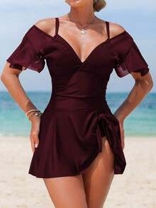 Vestido de traje de baño de una pieza con cuello en V, mangas con volantes, parches de malla y unicolor, nuevo lanzamiento de verano para mujeres - Burdeos - Ver 5