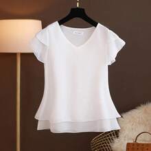 2026 nueva blusa de verano para mujer, camisa holgada de gasa con cuello en V, blusa de manga corta para mujer, camisas de gran tamaño, tops y blusas para mujer - BLANCO - Ver 1