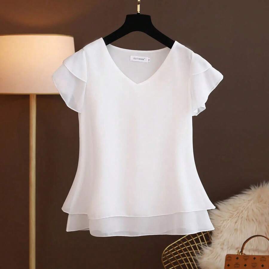 2026 nueva blusa de verano para mujer, camisa holgada de gasa con cuello en V, blusa de manga corta para mujer, camisas de gran tamaño, tops y blusas para mujer - BLANCO - Ver 1