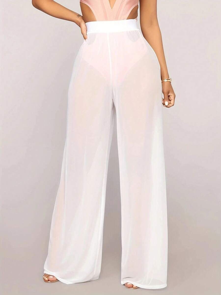 Pantalones de pierna ancha de malla, superventas en Europa y América, pantalones de pierna recta de cintura alta con perspectiva Sexy, pantalones sueltos de Color sólido - BLANCO - Ver 1