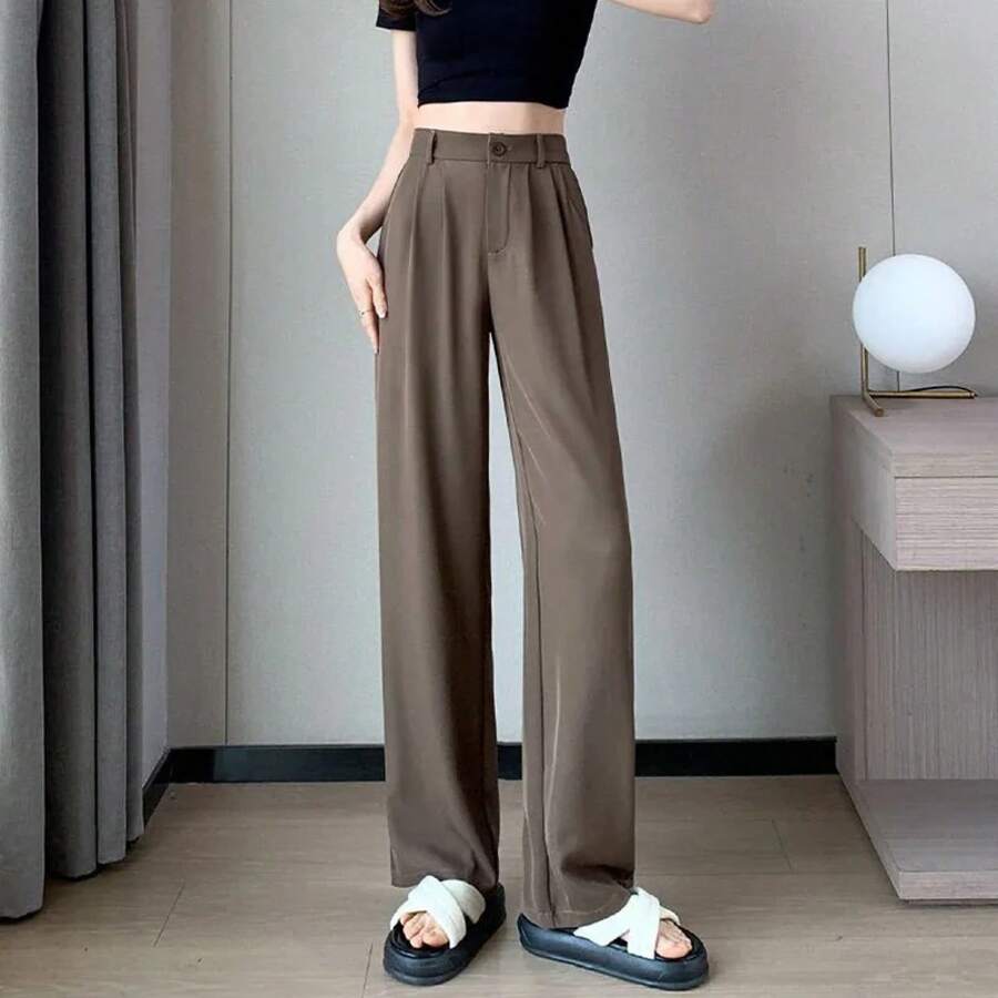 Pantalones de traje para mujer, pantalones clásicos de moda para mujer, pantalones de pierna recta cómodos para mujer, pantalones largos holgados informales coreanos para mamá - CAFETERÍA - Ver 1