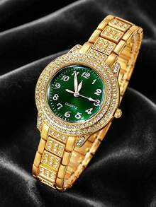 Set de 2 piezas de reloj de cuarzo de acero inoxidable con cristales de moda y pulsera para mujeres - Dorado - Ver 4