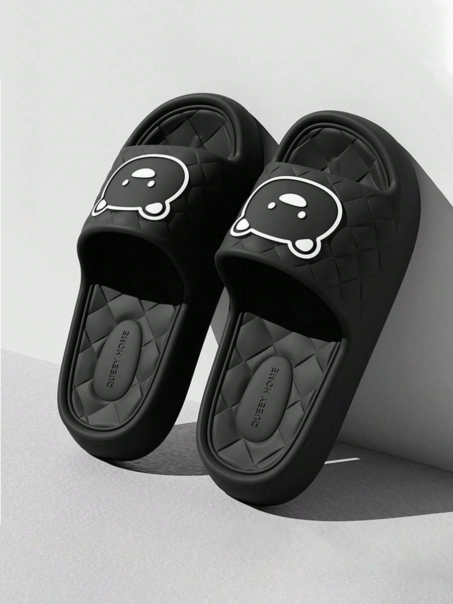 Men's Summer Solid Diamond Grid Pattern Paired With Cartoon Bear Print, Suitable For Home, Bathroom, Outdoor, Versatile, Cute Couple Casual Style Flip Flops - Black - View 1