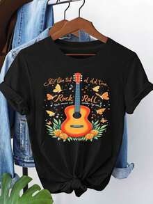 Women's Short-Sleeved, Round-Neck T-Shirt With Vintage Rock And Roll Guitar Graphic Print, Casual For Spring-Summer, Everyday Wear, Holiday Gift - 黑色 - 查看 6