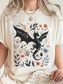 Short-Sleeved T-Shirt With Round Neck, 100% Cotton,  Print, Lightweight And Breathable Fabric, Casual Fashion Style, Suitable For Daily Life, Casual Outings And Dates In Spring, Summer And Autumn - 杏色 - 查看 6