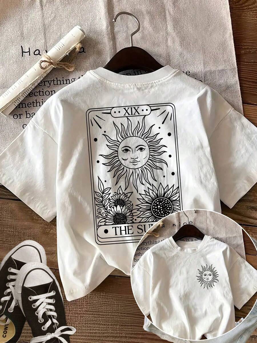 VivaGlam-[Front And Back Double Image] Unisex Double-Sided Printed Summer Casual Top Hand-Painted Style Sunflower XIX THE SUN Printed Round Neck Short Sleeve T-Shirt - 白色 - 查看 1