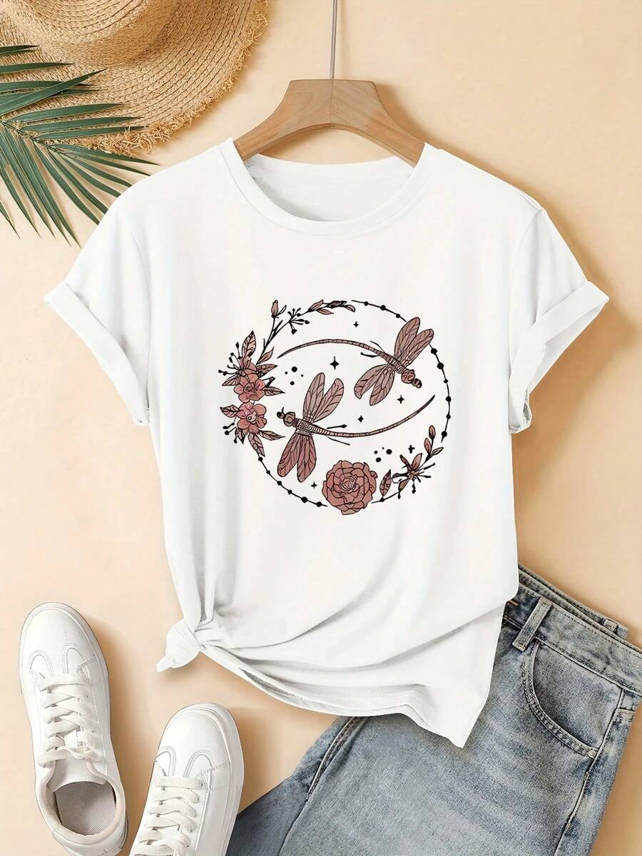 Nueva Llegada Verano 2026, Camiseta Estampado Floral Libélula, Moda Elegante Casual Estilo Coreano para Primavera/Verano - Blanco - Ver 1