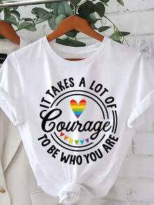 Camiseta con Estampado de Letras, Manga Corta y Cuello Redondo, Top Casual para Verano y Primavera, Ropa de Mujer - Blanco - Ver 2