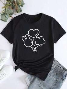 Camiseta de mujer con estampado de triple globo, primavera/verano, holgada y casualPure-Cotton - Negro - Ver 7
