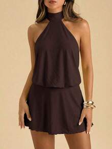 Vestido casual de verano para mujer de unicolor con hombros descubiertos - Café integral - Ver 6
