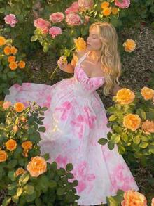Vestido de longitud media con estampado floral y cuello de lazo para mujeres - Rosa 2 - Ver 5