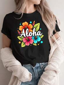 Women's Casual Sports T-Shirt, Round Neck, Aloha Style, Modern Design, Hawaiian Style, Floral Print, Knotted Design, Vacation Wear, Hawaiian, Flowers, Comfortable Top For All Seasons - Unisex Vintage Urban Style T-Shirt, Loose Fit, Cotton, Short Sleeve And Round Neck - 黑色 - 查看 12