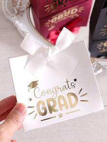 15 piezas Caja de regalo con estampado de oro para la temporada de graduación, diseño de estampado de oro "Congrats Grad", fondo blanco con patrón dorado para celebración de recuerdo, empaque de favor de fiesta con lazo, bolsa conmemorativa con textura metálica, decoración de ambiente festivo - Ver 3