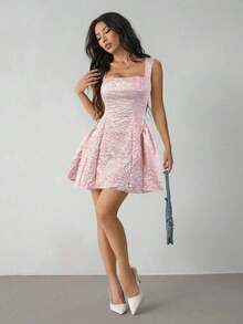 Vestido midi sin mangas de color blanco sólido para mujer, simple y casual para uso diario - Rosa - Ver 3