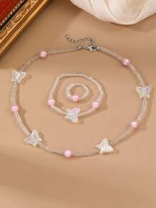 NAIZHU Bộ 3 món trang sức hình bướm đính cườm thời trang, gồm dây chuyền, vòng tay và nhẫn, thích hợp cho bé gái mặc hàng ngày và dự tiệc. - Nhiều màu - Xem 1