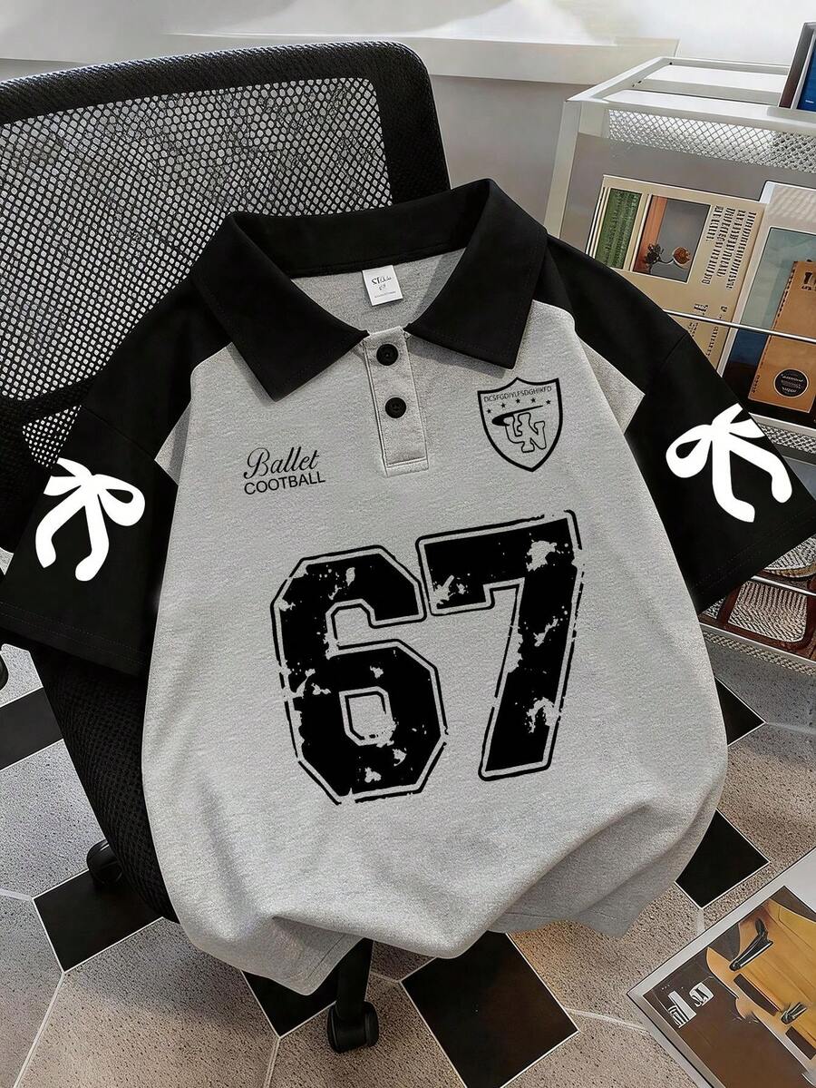 一件少女款 Polo 领短袖 T 恤,印有 67 号和蝴蝶结图案 - 休闲宽松运动短袖 T 恤,Polo 领少女 T 恤 - 完美的夏季礼物,适合春夏上学和户外活动穿着 - 灰色 - 查看 1