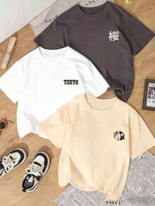 1 pieza/Set de camiseta de manga corta con cuello redondo, estilo casual, con estampado minimalista y divertido de coches de carreras y aves florales japonesas, moderna y versátil para mujer. - Albaricoque - Ver 2