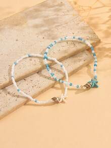 Set de 2 piezas Tobillera con cuentas de estrella de mar y concha, joyería de estilo simple de playa y océano hecha a mano para mujeres, adecuada para uso diario y vacaciones, con arreglo de cuentas de color aleatorio - Multicolor - Ver 3