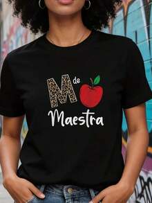 Camiseta de manga corta estampada para mujer. Perfecto para citas, desplazamientos diarios y salidas informales. Diseño clásico minimalista de cuello redondo, fácil de combinar y se adapta a todo tipo de cuerpos. - Negro - Ver 8