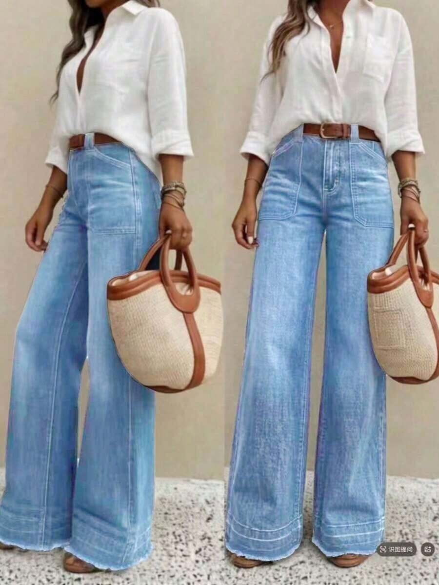 Jeans de pierna ancha y larga para mujer, con acabado lavado, detalles de botones y bolsillos, bajo deshilachado, para un efecto de denim casual de primavera - Lavado ligero - Ver 1