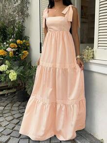 Vestido largo con correa de espagueti de cintura alta, escote cuadrado, sin mangas y espalda descubierta con cordón, a rayas azules, de estilo sexy y de vacaciones, para primavera/verano - Naranja - Ver 4