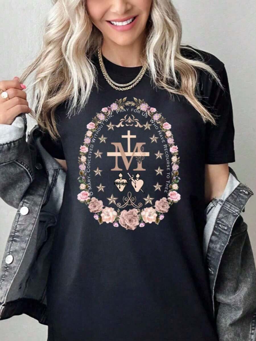 1 Catholic Marian T-Shirt, Catholic Gift, Catholic Marian Religious T-Shirt, Christian Faith Clothing, Floral Religious T-Shirts For Women, T-Shirt With Cross, Cute Summer T-Shirts For Women, Printed Round Neck T-Shirt, Graphic T-Shirts For Women, 180g 100% Cotton, All Designs Are Printed. Unisex. - 黑色006 - 查看 1