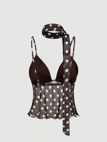 Q5MY  MOD Conjunto de 2 piezas de top con tirantes y falda a lunares en marrón y blanco para mujer, atuendo para citas, fiestas, primavera/verano, romántico, elegante para vacaciones, fiesta, vestido midi, vacaciones de verano, elegante para ceremonias, boda, invitada, vestido de graduación con estampado de margaritas y lunares, estilo cottage core - Marrón - Ver 2