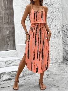Vestido de verano con tirantes finos para mujer con cinturón y abertura lateral - Vestido fluido informal sin mangas - Naranja - Ver 5