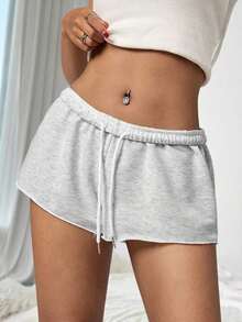 Pantalones cortos casuales sueltos de cintura elástica de unicolor para mujer - Gris - Ver 1