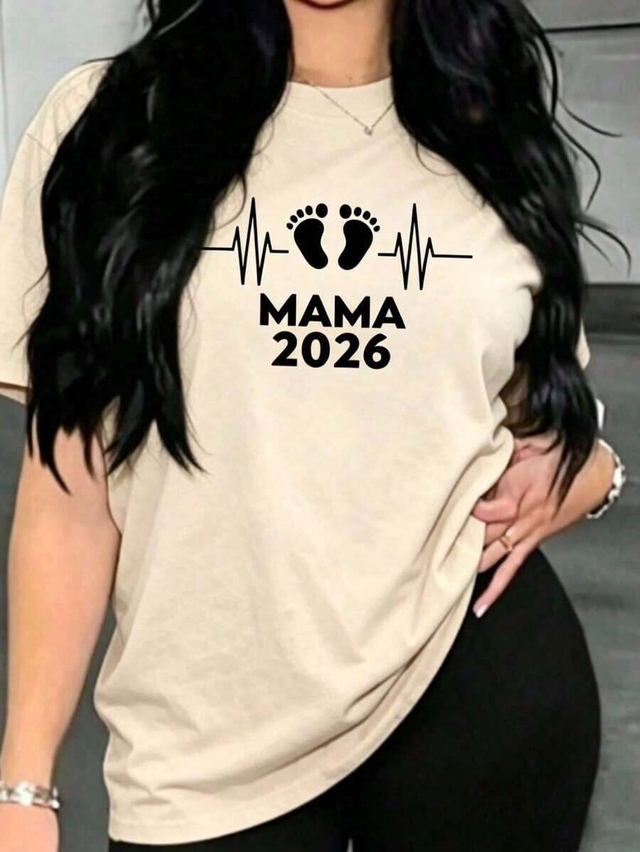 Camiseta de algodón para mujer 2026, modelo conmemorativo "Futura Mamá", con la inscripción MAMA 2026, camiseta de cuello redondo para mujer, ideal para primavera y verano, regalo para ocasiones informales, de compras o fiestas, y para reuniones con amigos. Camiseta unisex de algodón holgada de manga corta y cuello redondo estilo vintage urbano - Albaricoque - Ver 1