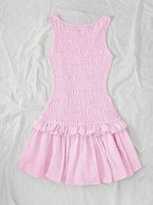 Vestido corto con volantes color albaricoque - Rosa - Ver 2