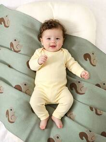 100%纯棉婴儿毯，季节性松鼠针织婴儿推车毯，新生儿婴儿床被，婴儿空调被，婴儿用品 - 淺綠 - 查看 2