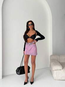 SQUALO Light Blue Slit Denim Midi Skirt - 100% Cotton - Watermelon Pink - View 3
