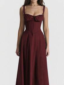 French-Style Long Strapless Dress With Soft Flowers - Burgundy - View 4
