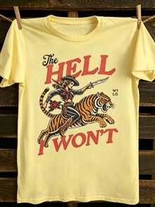 Camiseta de Mujer "The Hell I Won't" Estilo Cowgirl – Camiseta de Cuello Redondo con Gráficos Retro de Motociclista y Tatuaje Western, Top Casual Estilo Wild Western. Esta es una camiseta de manga corta para mujer, suave, agradable al tacto, versátil y de puro algodón, adecuada para el uso diario, salidas informales y ropa deportiva. Es una camiseta de algodón puro para mujer, holgada, cómoda y deportiva, ideal para primavera/verano, perfecta como capa base. - Amarillo - Ver 8