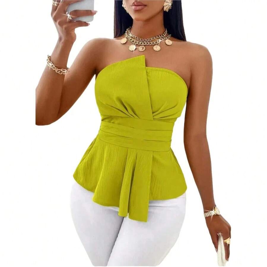 Top sin Tirantes para Mujer, Moda Primavera-Verano, Verde Lima, con Detalle Cruzado en la Parte Delantera y Dobladillo Peplum, Elegante y Sexy para el Día de San Valentín, Fiestas y Citas - Verde - Ver 1