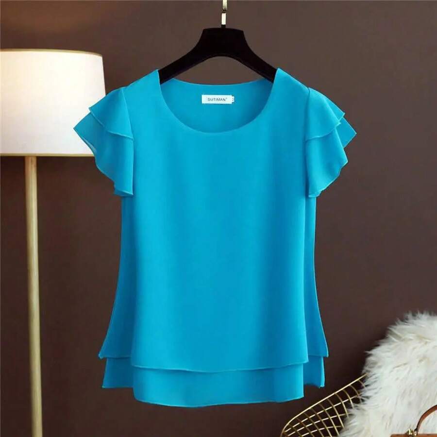 Marca de moda de verano, blusa informal holgada y fina de gran tamaño, Top de gasa de manga corta, blusa blanca, Tops verdes para mujer, M-6XL - azul malaquita - Ver 1