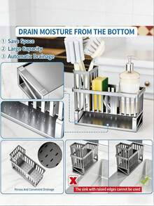1pc Large Capacity Kitchen Sink Drain Basket - Sink Organizer/Dish Rack, Kitchen Storage Box, Black & Grey, Suitable For Kitchen And Bathroom Organizer Rack - With Automatic Drainage Hole Kitchen Sink, Equipped With Detachable Drain Tray Storage Container; Used For Storing Sponges, Brushes, Dishcloths, Soap, Utensils, Toiletries And Other Kitchen & Bathroom Accessories, Ideal For Kitchen Sink And Bathroom Countertop - Multicolor - View 3