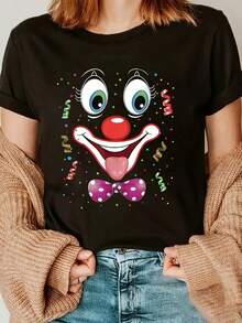 Camiseta de algodón de manga corta para mujer, con estampado de cara de payaso de circo, cuello redondo, estilo casual para verano y primavera, ropa de mujer. - Negro - Ver 1