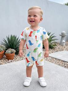 Mono de verano para bebé niño con estampado de dinosaurios/tortugas, manga corta, cuello redondo y cierre de media botonadura. - Albaricoque - Ver 3