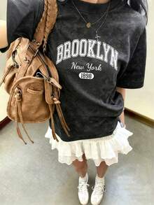 Áo thun tay ngắn cổ tròn dáng rộng in chữ Brooklyn kiểu vintage wash, phong cách thường ngày. - màu đen - Xem 11