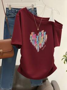 Sweet & Spicy Wine Red Heart Asymmetrical Shoulder Short Sleeve T-Shirt, Drawstring Waist Slim Fit Casual Top Wine Red Asymmetrical Shoulder Graffiti Heart Print T-Shirt, Loose Fit Casual Sweet Style Rainbow Heart Asymmetrical Shoulder T-Shirt, Casual Loose Fit Summer - Burgundy - View 2